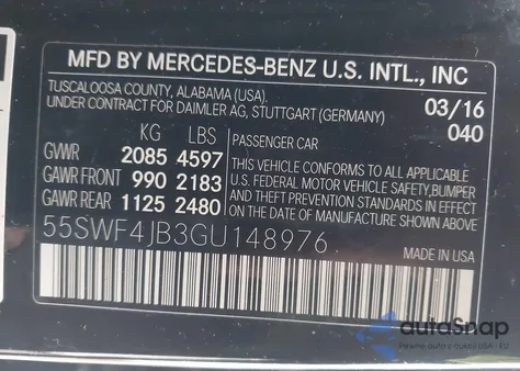 2016 Mercedes-Benz C 300 из США, поврежденный, VIN 55SWF4JB3GU148976